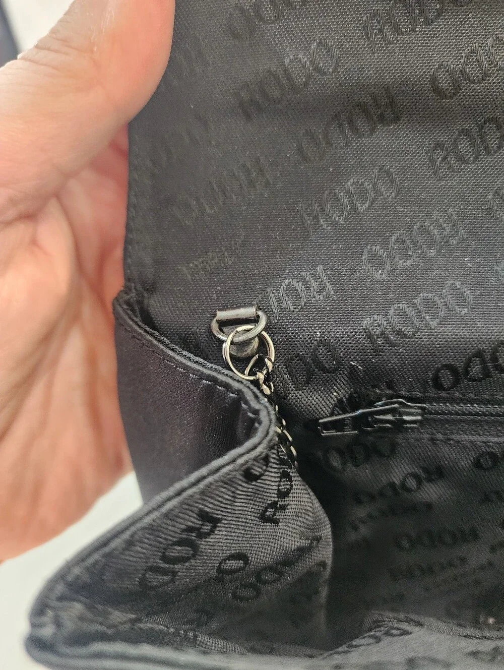 Vintage RODO Black Satin Evening Clutch Crystal Ring Chain Silver Bag Italy